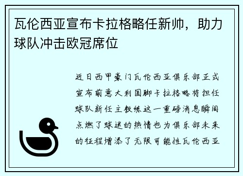 瓦伦西亚宣布卡拉格略任新帅，助力球队冲击欧冠席位
